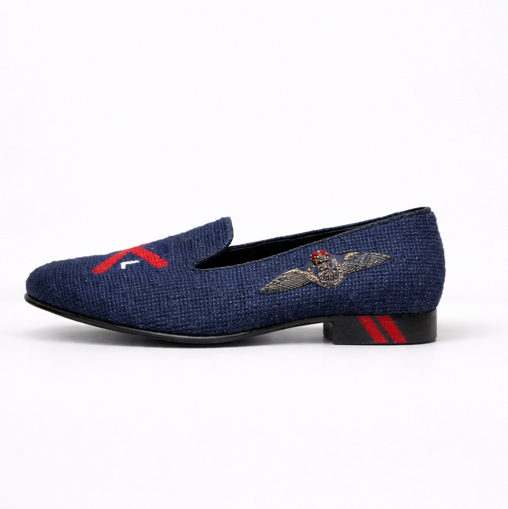 Ralph Lauren Purple Label Alonzo Needlepoint Navy Blue Slip On Loafer Mens